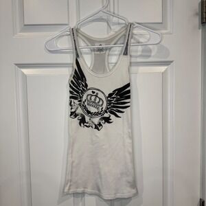 Nollie Womens White Ribbed Graphic Tank Top Silver Sequins Wings Size XS